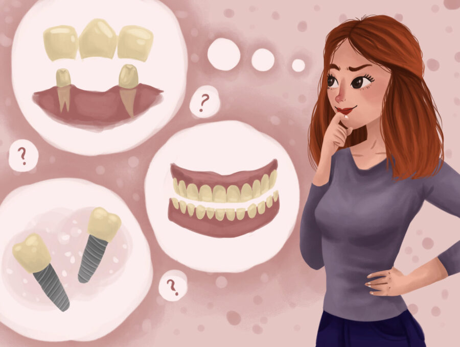 woman with missing teeth comparing bridges, dental implants, and dentures